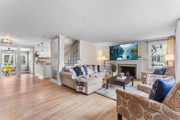 Dining room, Fireplace, Interior, Kitchen, Living room, Pendant Lights, Wood Texture Flooring