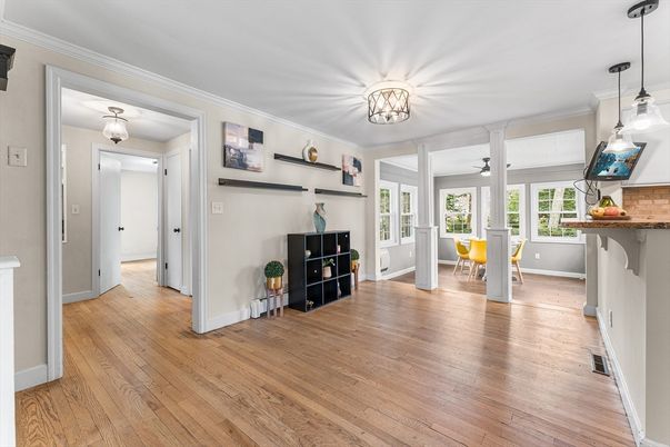 Dining room, Interior, Pendant Lights, Wood Texture Flooring