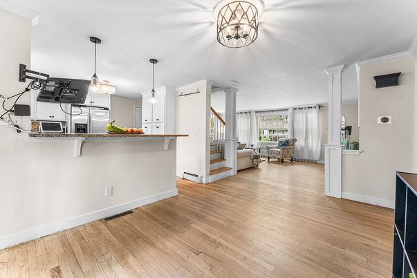 Interior, Kitchen, Living room, Pendant Lights, Stainless Steel Appliances, Wood Texture Flooring