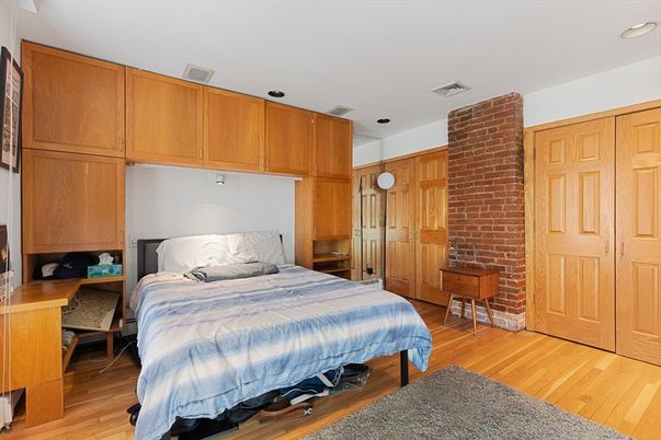 Bedroom, Interior, Recessed Lighting, Stone Walls, Wood Texture Flooring