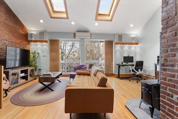 Home Office, Interior, Living room, Recessed Lighting, Stone Walls, Wood Texture Flooring
