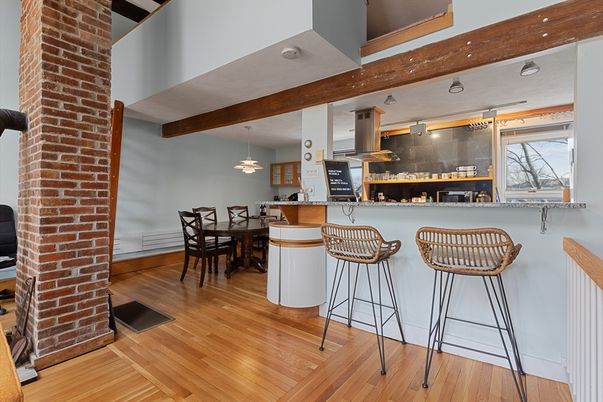 Dining room, Interior, Kitchen, Pendant Lights, Stone Walls, Wooden Beams, Wood Texture Flooring