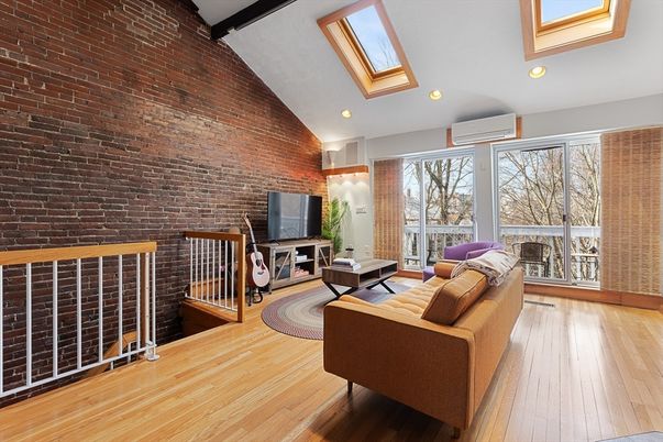Interior, Living room, Recessed Lighting, Stone Walls, Wood Texture Flooring