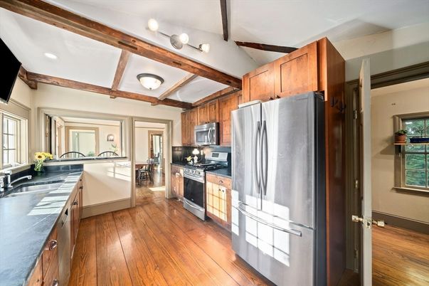 Interior, Kitchen, Recessed Lighting, Stainless Steel Appliances, Wooden Beams, Wood Texture Flooring