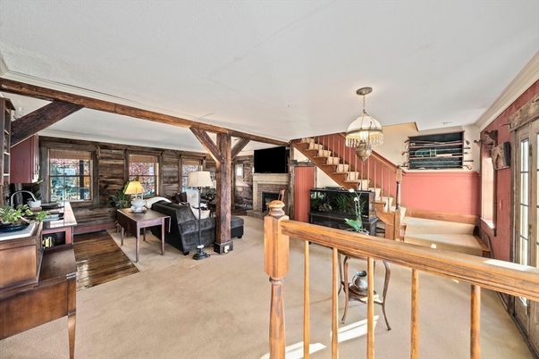Fireplace, Home Office, Interior, Living room, Pendant Lights, Wood Texture Flooring, Wooden Walls