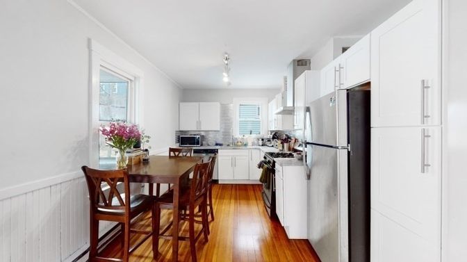 Dining room, Interior, Kitchen, Stainless Steel Appliances, Wood Texture Flooring