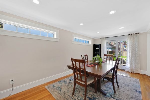 Dining room, Interior, Recessed Lighting, Wood Texture Flooring