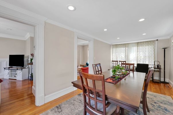 Dining room, Interior, Recessed Lighting, Wood Texture Flooring