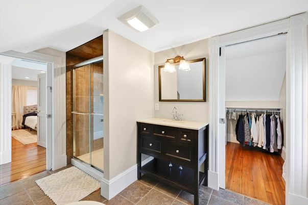 Bathroom, Glass Shower, Interior, Walk-in Closets, Wood Texture Flooring