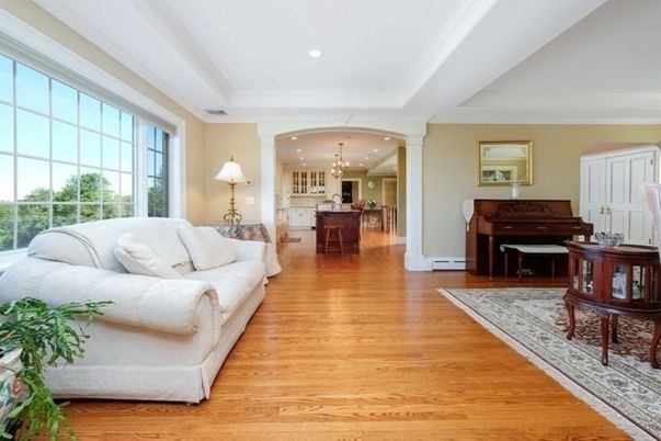 Chandelier, Interior, Kitchen, Living room, Piano, Recessed Lighting, Wood Texture Flooring