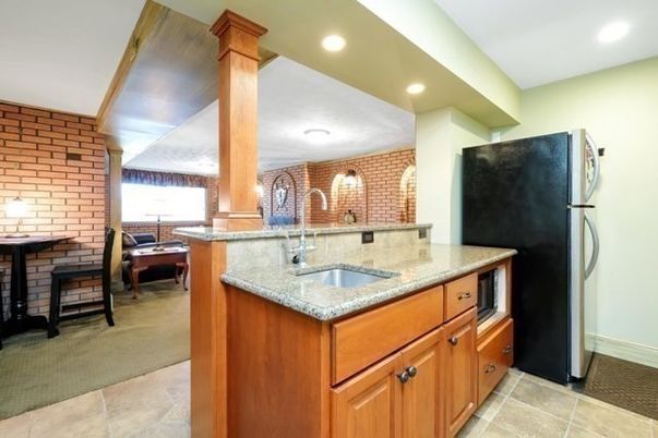 Interior, Kitchen, Recessed Lighting, Stone Walls