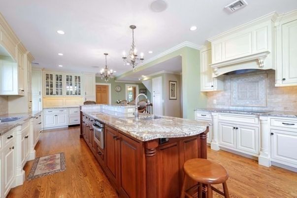Chandelier, Interior, Kitchen, Recessed Lighting, Stainless Steel Appliances, Wood Texture Flooring