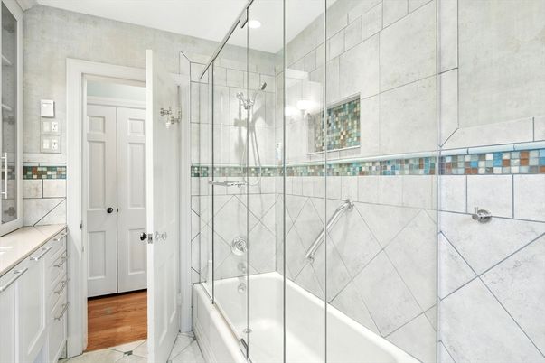 Bathroom, Glass Shower, Interior, Recessed Lighting, Wood Texture Flooring