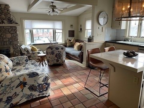 Dining room, Fireplace, Interior, Living room, Stone Walls
