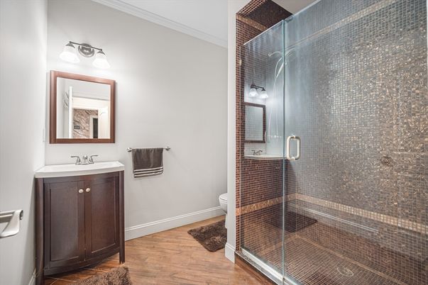 Bathroom, Glass Shower, Interior, Wood Texture Flooring