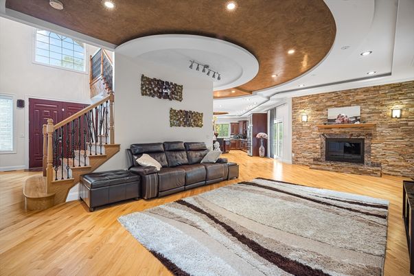 Fireplace, Interior, Recessed Lighting, Stone Walls, Wood Texture Flooring