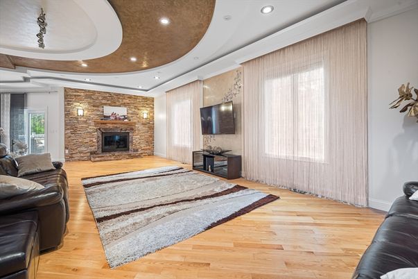 Fireplace, Interior, Recessed Lighting, Stone Walls, Wood Texture Flooring