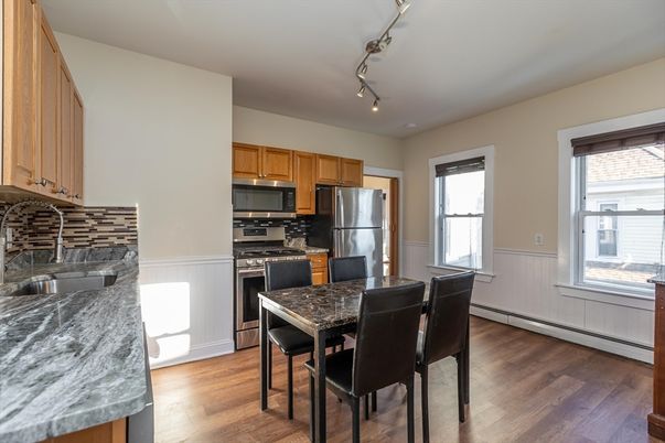 Dining room, Interior, Kitchen, Stainless Steel Appliances, Wood Texture Flooring
