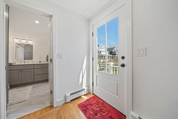 Bathroom, Interior, Marble, Recessed Lighting, Wood Texture Flooring