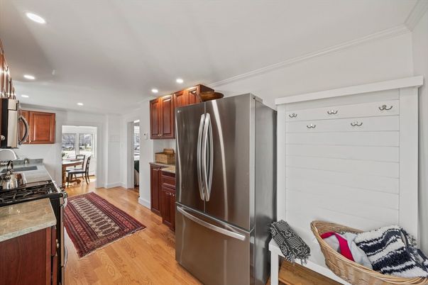 Dining room, Interior, Kitchen, Recessed Lighting, Stainless Steel Appliances, Wood Texture Flooring