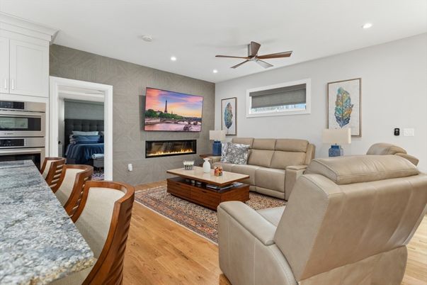 Fireplace, Interior, Kitchen, Living room, Recessed Lighting, Wood Texture Flooring