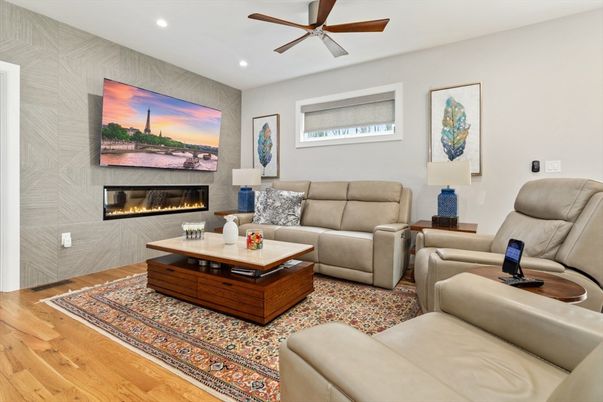 Fireplace, Interior, Living room, Recessed Lighting, Wood Texture Flooring