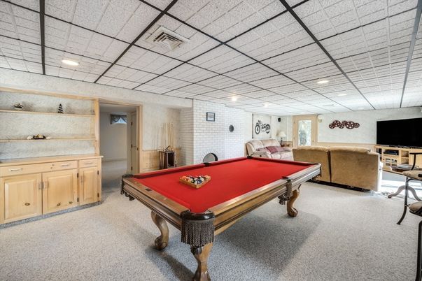 Billiard Table, Game Room, Interior, Recessed Lighting, Stone Walls