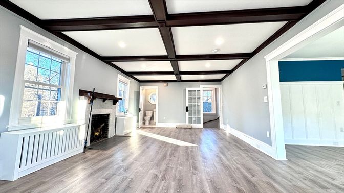 Empty room, Fireplace, Interior, Recessed Lighting, Wooden Beams, Wood Texture Flooring