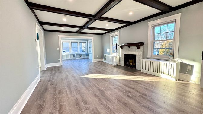 Empty room, Fireplace, Interior, Recessed Lighting, Wooden Beams, Wood Texture Flooring