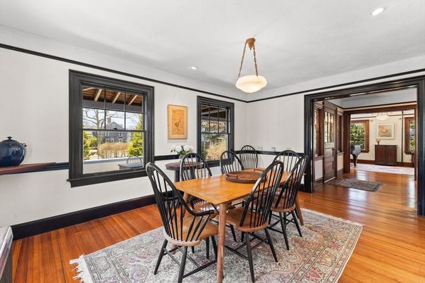 Dining room, Interior, Pendant Lights, Recessed Lighting, Wood Texture Flooring