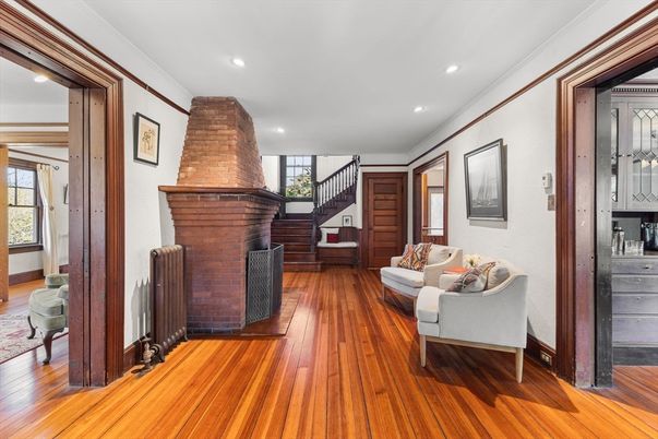 Fireplace, Interior, Recessed Lighting, Wood Texture Flooring