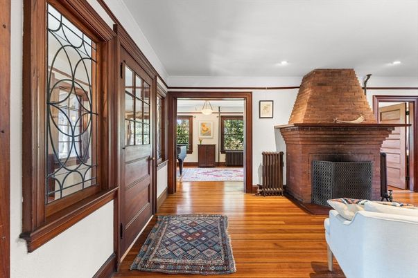Fireplace, Interior, Pendant Lights, Recessed Lighting, Wood Texture Flooring