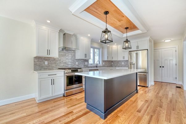 Interior, Kitchen, Pendant Lights, Recessed Lighting, Stainless Steel Appliances, Wooden Ceilings, Wood Texture Flooring