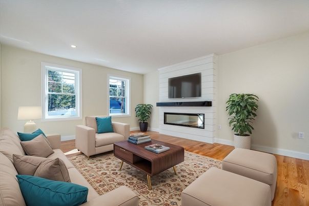 Fireplace, Interior, Living room, Recessed Lighting, Wood Texture Flooring