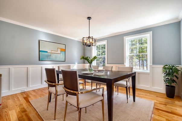 Dining room, Interior, Pendant Lights, Wood Texture Flooring