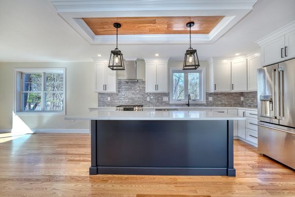 Interior, Kitchen, Pendant Lights, Recessed Lighting, Stainless Steel Appliances, Wooden Ceilings, Wood Texture Flooring