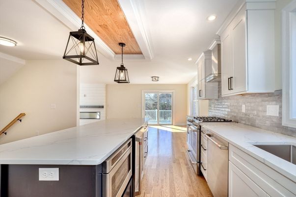 Interior, Kitchen, Pendant Lights, Recessed Lighting, Stainless Steel Appliances, Wood Texture Flooring