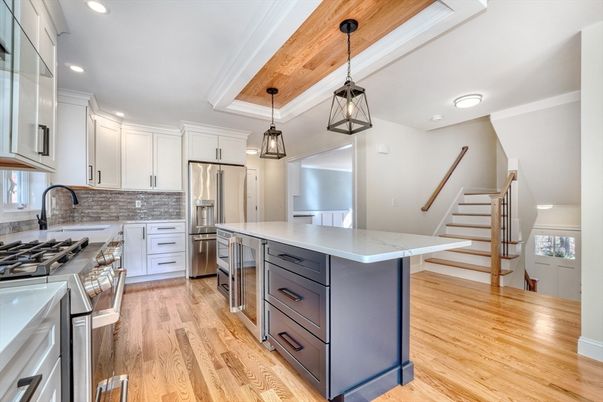 Interior, Kitchen, Pendant Lights, Recessed Lighting, Stainless Steel Appliances, Wooden Ceilings, Wood Texture Flooring