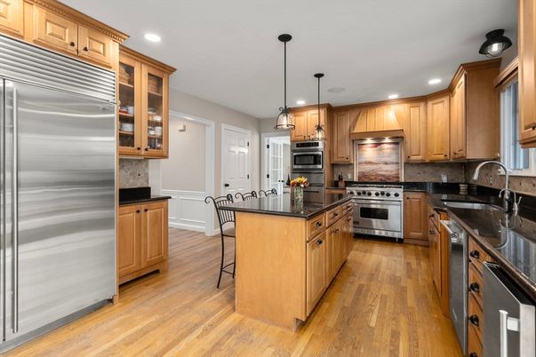 Interior, Kitchen, Pendant Lights, Recessed Lighting, Stainless Steel Appliances, Wood Texture Flooring