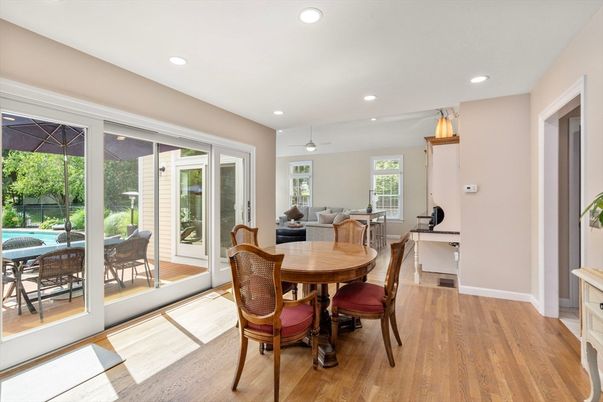 Dining room, Interior, Living room, Recessed Lighting, Wood Texture Flooring