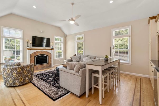 Dining room, Fireplace, Interior, Living room, Recessed Lighting, Wood Texture Flooring