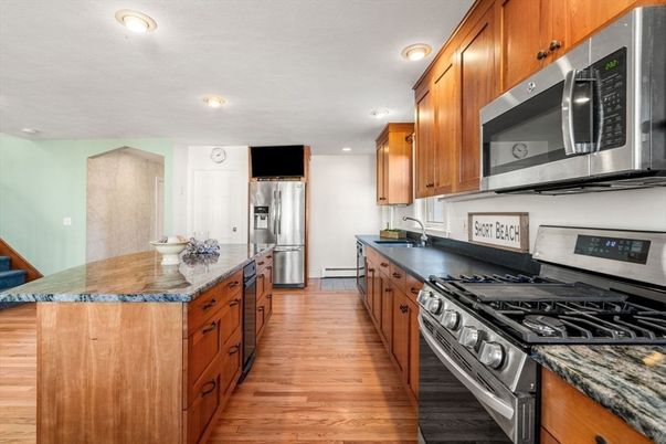 Interior, Kitchen, Recessed Lighting, Stainless Steel Appliances, Wood Texture Flooring