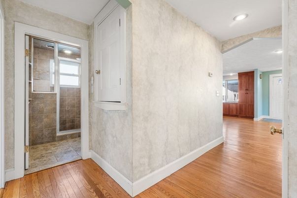 Bathroom, Glass Shower, Interior, Recessed Lighting, Wood Texture Flooring