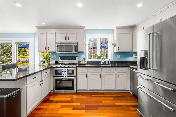 Interior, Kitchen, Recessed Lighting, Stainless Steel Appliances, Wood Texture Flooring