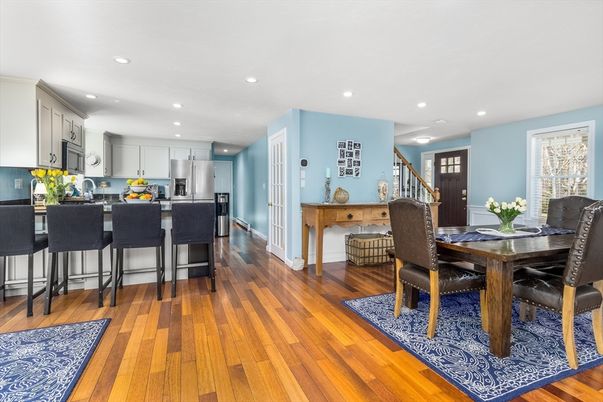 Dining room, Interior, Kitchen, Recessed Lighting, Stainless Steel Appliances, Wood Texture Flooring