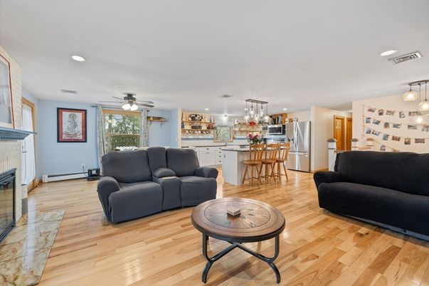 Dining room, Fireplace, Interior, Kitchen, Living room, Pendant Lights, Recessed Lighting, Wood Texture Flooring