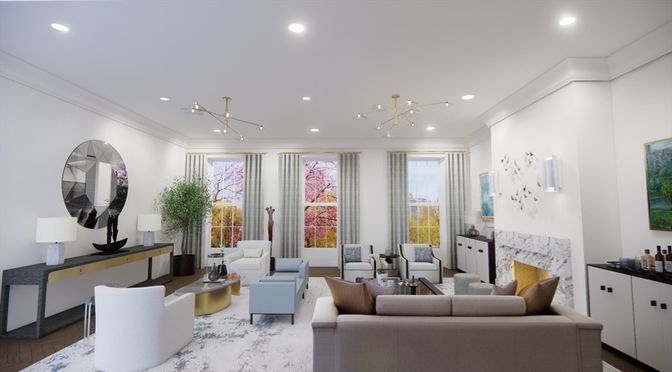 Fireplace, Interior, Living room, Pendant Lights, Recessed Lighting, Wood Texture Flooring