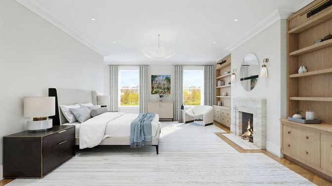 Bedroom, Chandelier, Fireplace, Interior, Recessed Lighting, Wood Texture Flooring