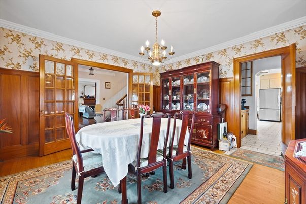 Chandelier, Dining room, Interior, Wood Texture Flooring