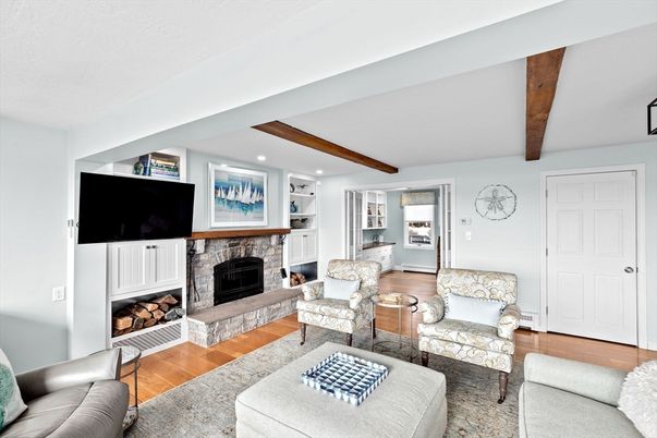 Fireplace, Interior, Living room, Recessed Lighting, Wooden Beams, Wood Texture Flooring
